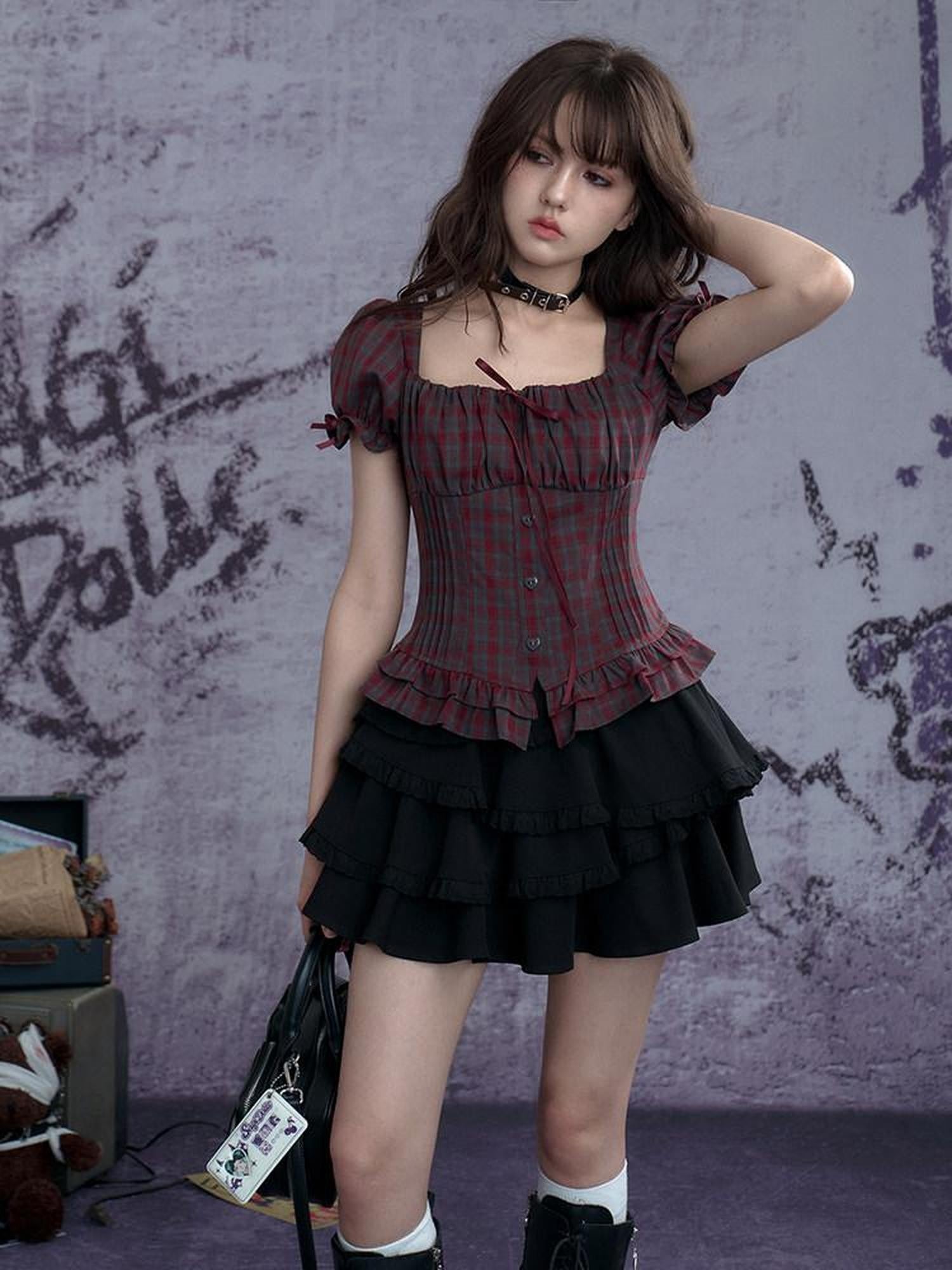 SagiDolls Red Grey Check Embroidered Puff Sleeve Slim Women's Short Sleeve T-shirts