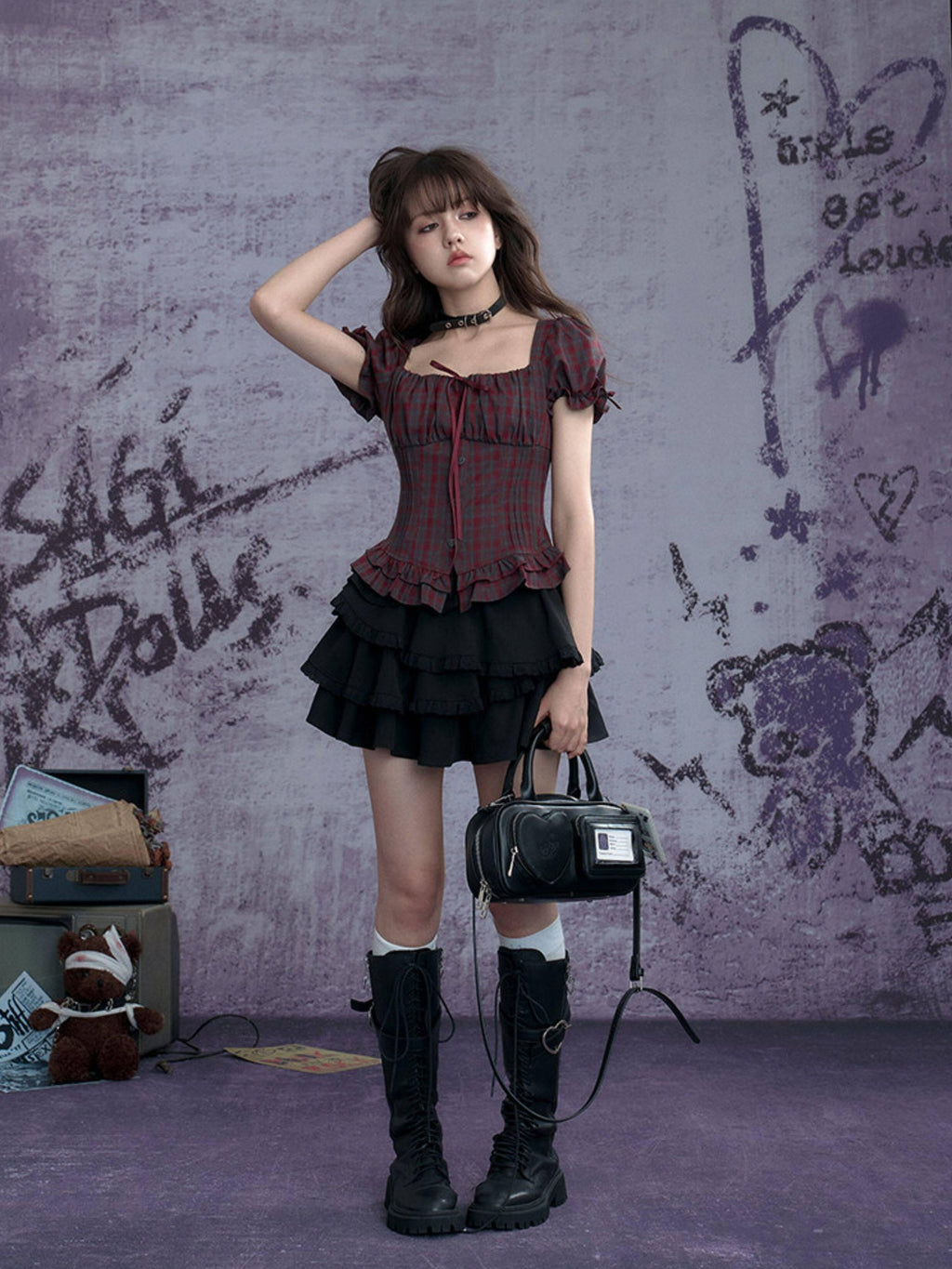 SagiDolls Red Grey Check Embroidered Puff Sleeve Slim Women's Short Sleeve T-shirts