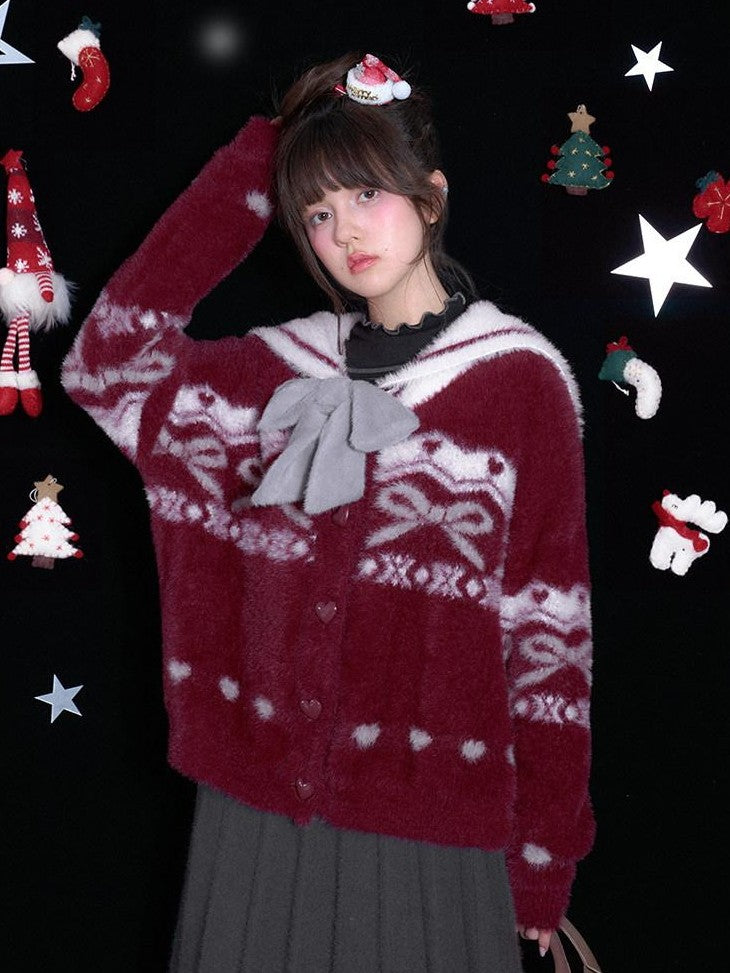 SagiDolls Red White Fair Isle Jacquard Sailor Collar Detachable Bow Women's Nylon Sweaters