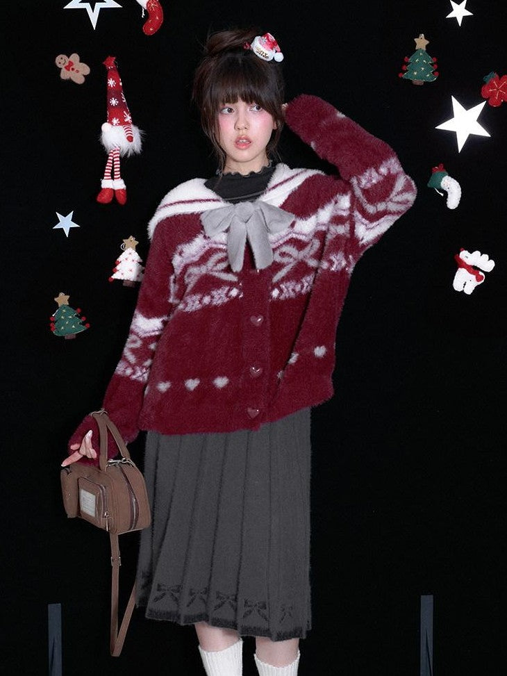 SagiDolls Red White Fair Isle Jacquard Sailor Collar Detachable Bow Women's Nylon Sweaters