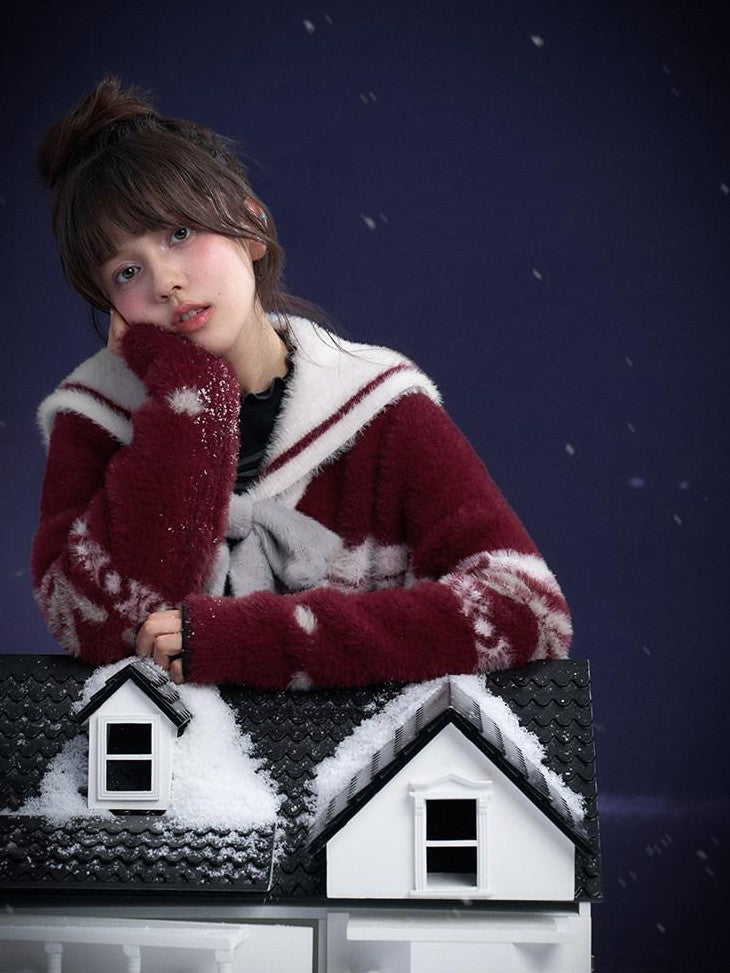 SagiDolls Red White Fair Isle Jacquard Sailor Collar Detachable Bow Women's Nylon Sweaters