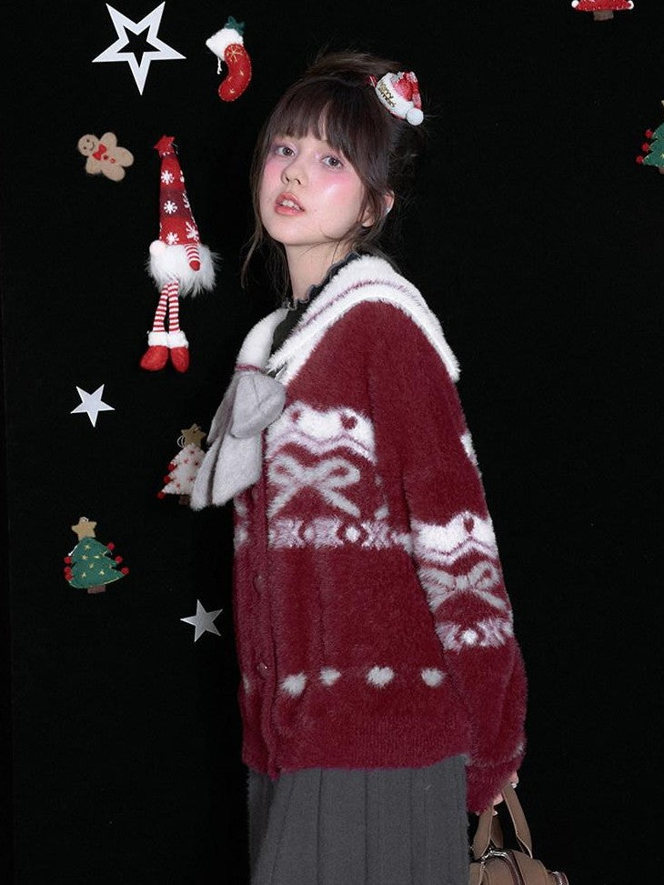SagiDolls Red White Fair Isle Jacquard Sailor Collar Detachable Bow Women's Nylon Sweaters