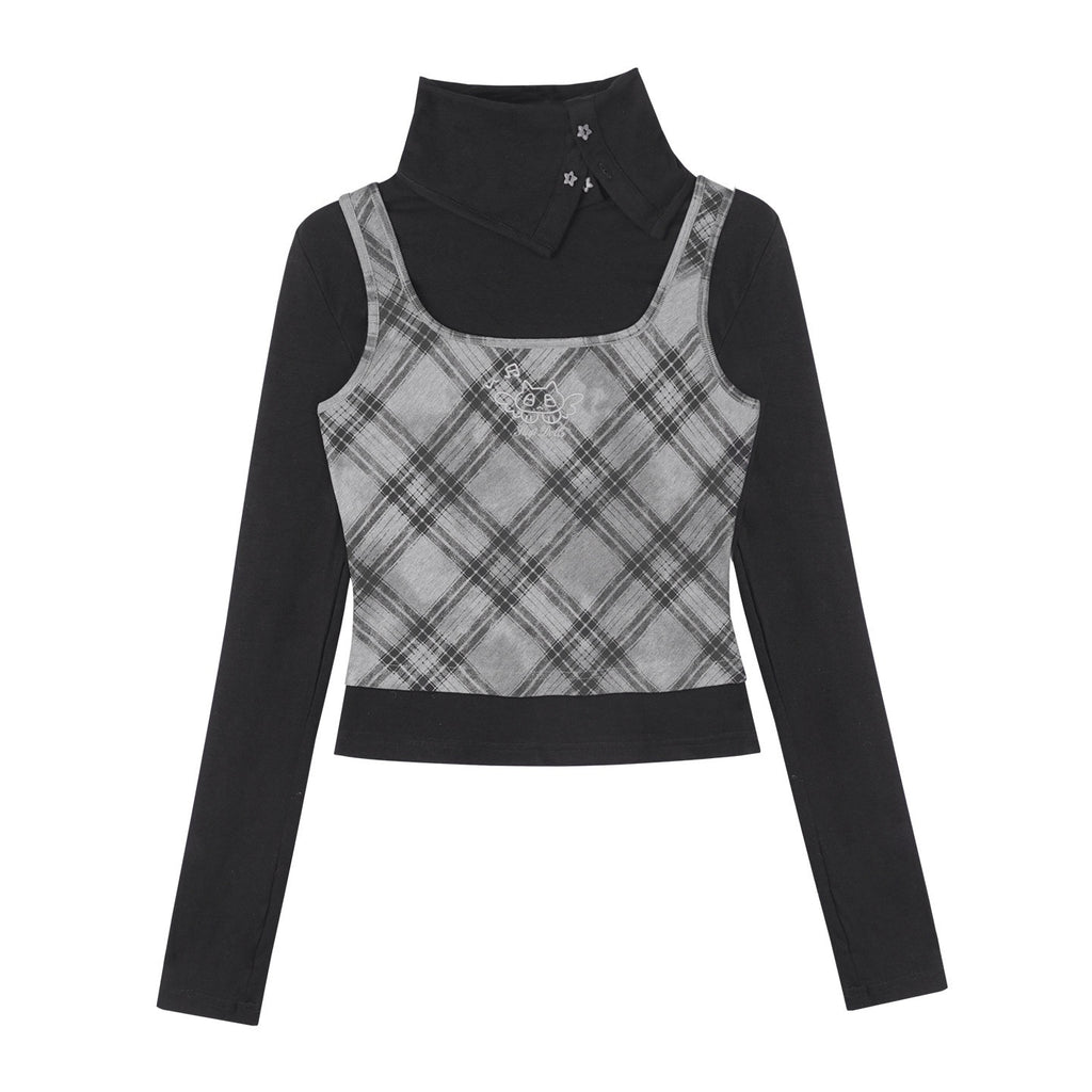 SagiDolls_Retro_Black_White_Check_Embroidered_Patchwork_Women's_Viscose_Blend_Long_Sleeve_T-shirts_979713111589_MISSTT