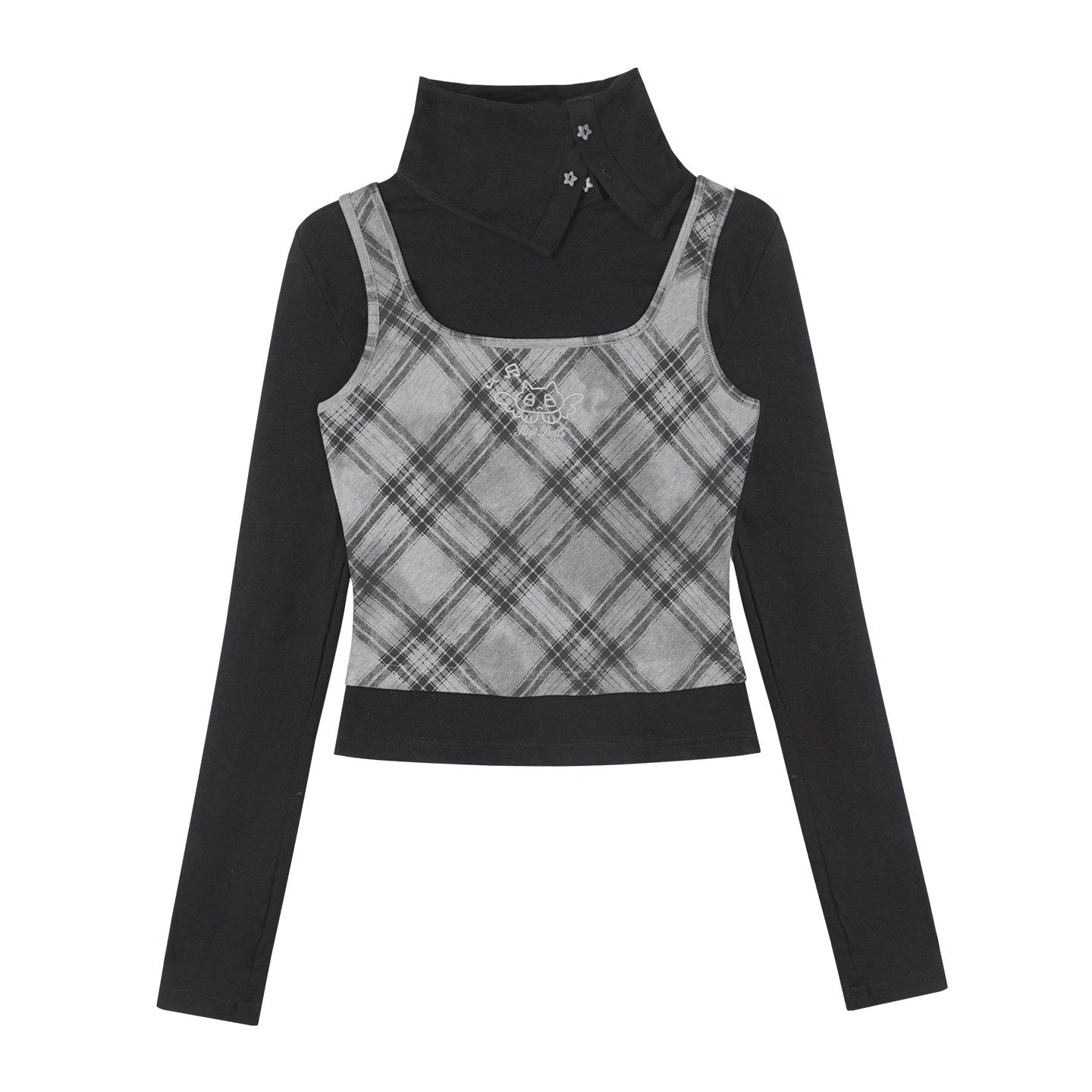 SagiDolls_Retro_Black_White_Check_Embroidered_Patchwork_Women's_Viscose_Blend_Long_Sleeve_T-shirts_979713111589_MISSTT