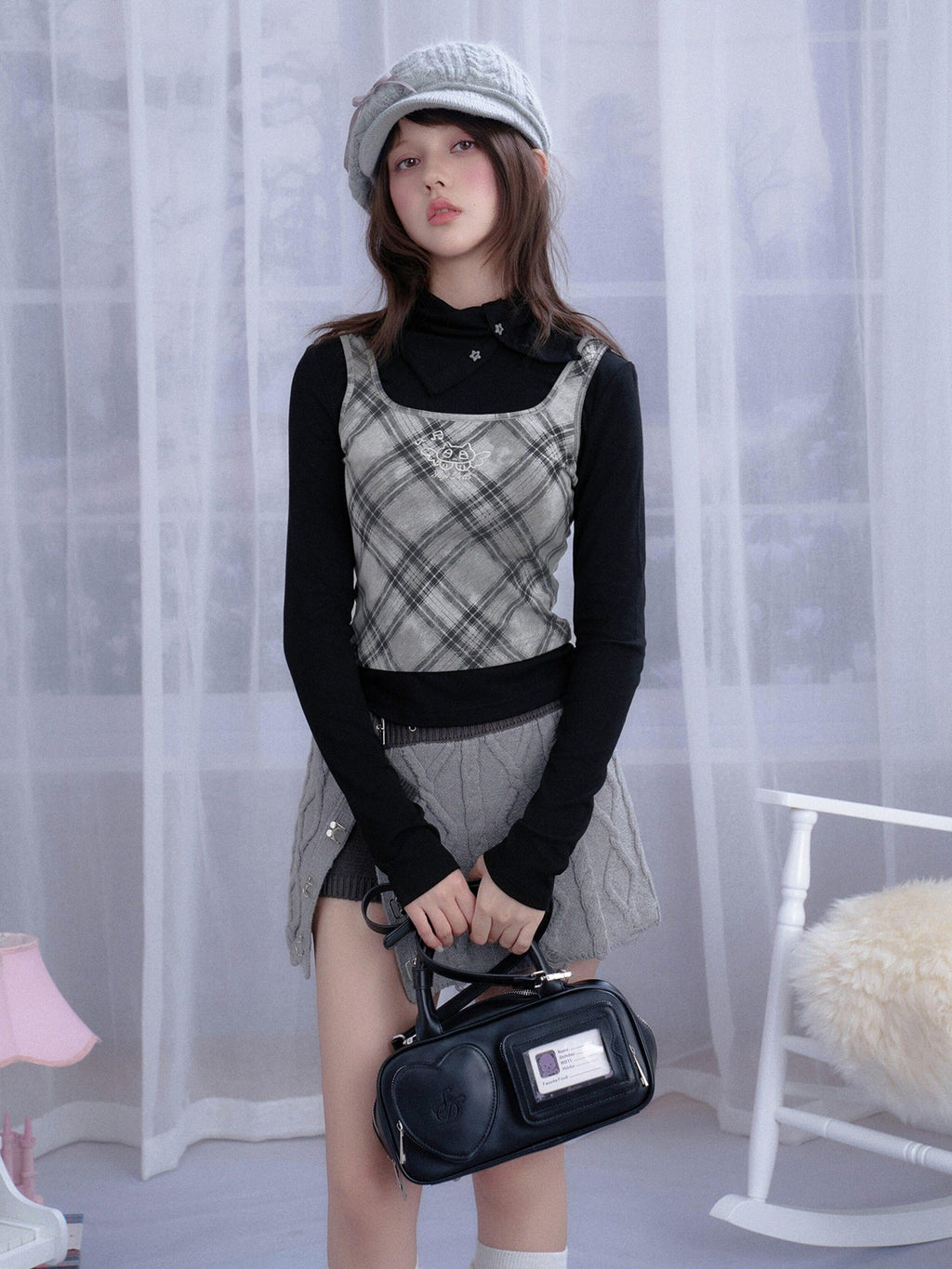 SagiDolls Retro Black White Check Embroidered Patchwork Women's Viscose Blend Long Sleeve T-shirts
