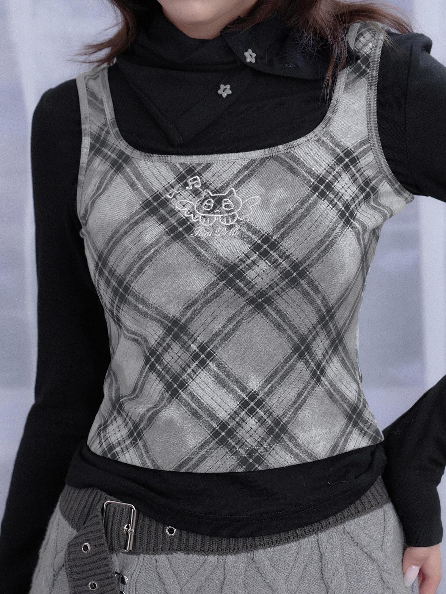 SagiDolls Retro Black White Check Embroidered Patchwork Women's Viscose Blend Long Sleeve T-shirts