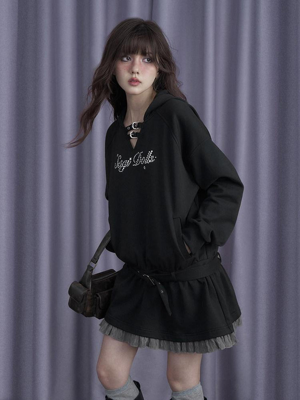 SagiDolls Rhinestone Faux Two Piece Hooded Women's Cotton Blend Casual Mini Dresses