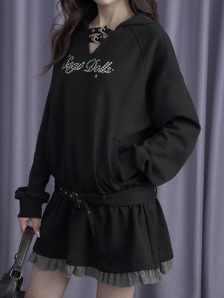 SagiDolls Rhinestone Faux Two Piece Hooded Women's Cotton Blend Casual Mini Dresses