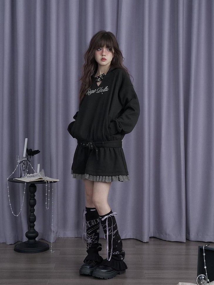 SagiDolls Rhinestone Faux Two Piece Hooded Women's Cotton Blend Casual Mini Dresses