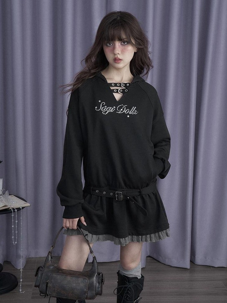 SagiDolls Rhinestone Faux Two Piece Hooded Women's Cotton Blend Casual Mini Dresses