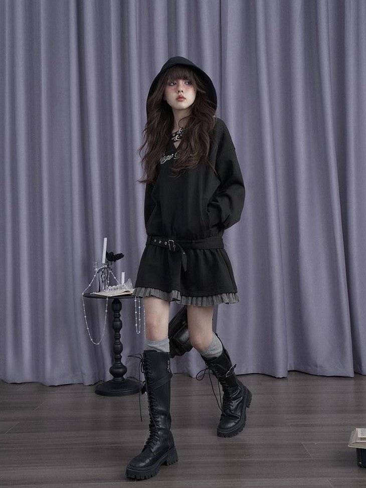 SagiDolls Rhinestone Faux Two Piece Hooded Women's Cotton Blend Casual Mini Dresses