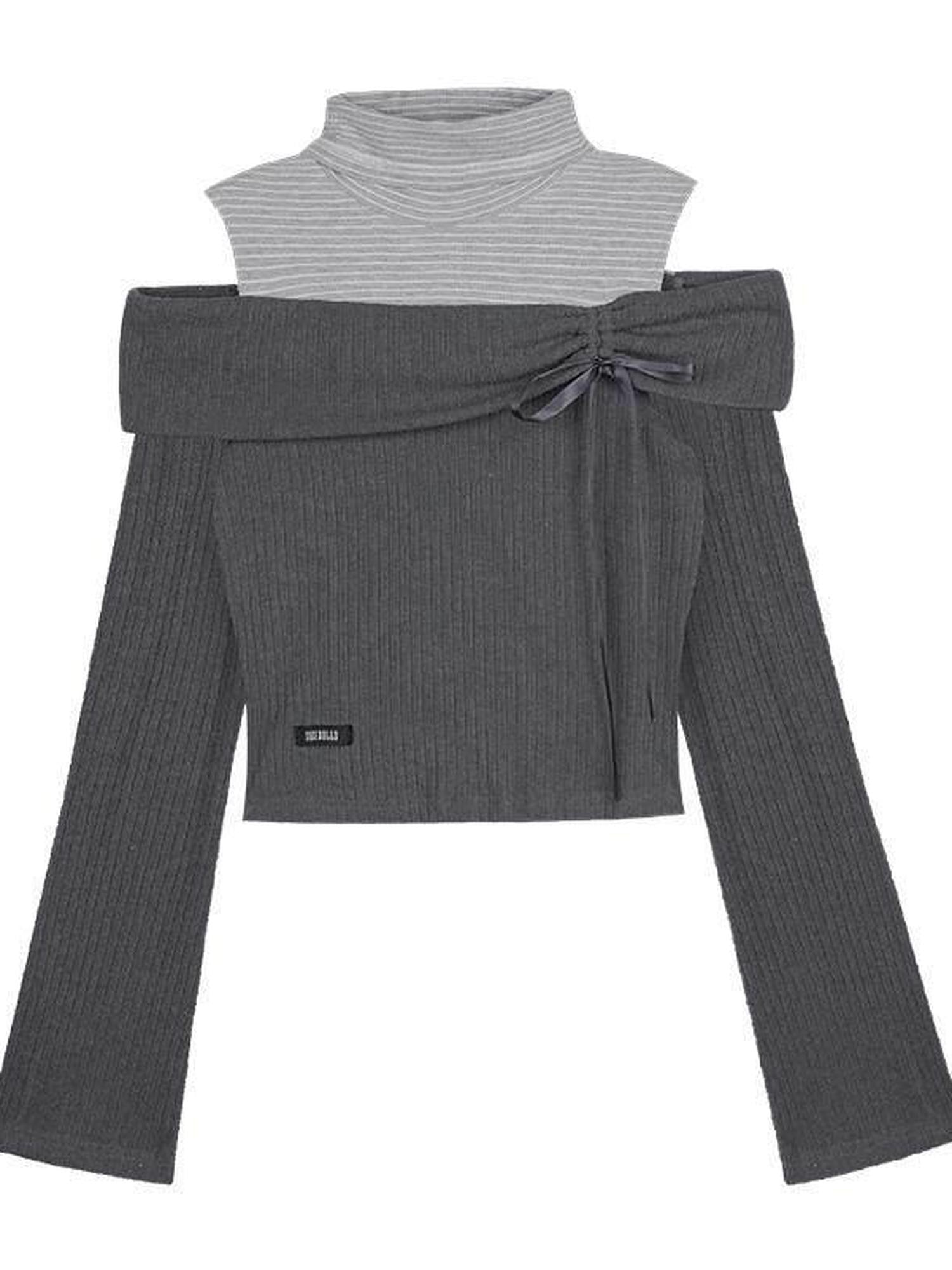 SagiDolls Ribbed Splice Tie Bardot Bell Sleeve Women's Viscose Two-piece Knit Tops