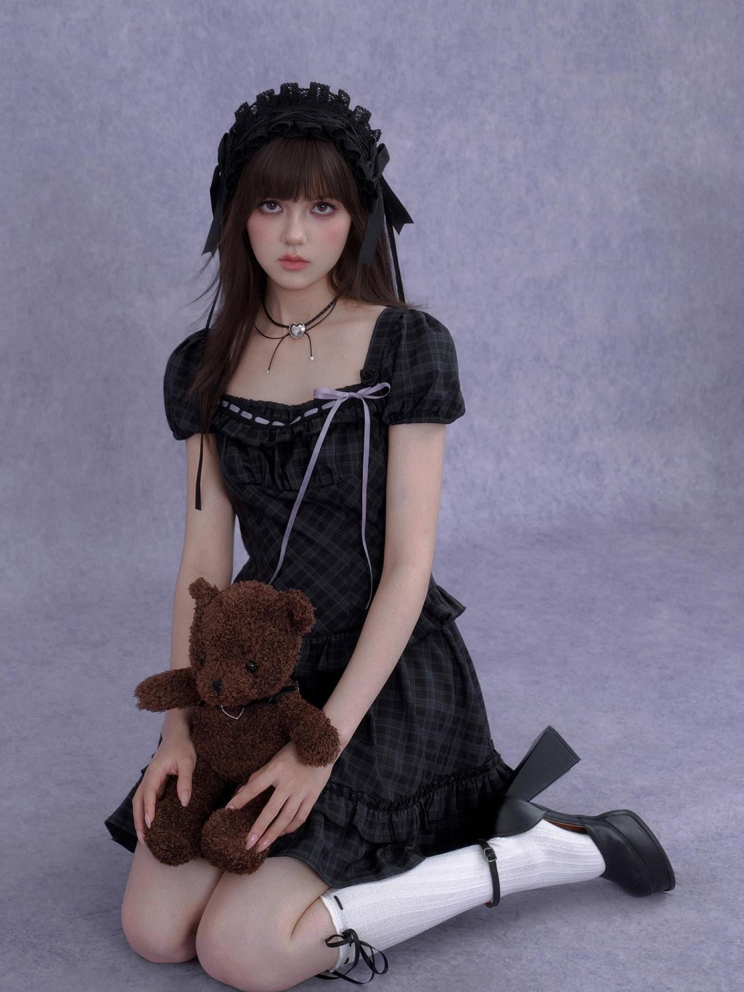 SagiDolls Rose Plaid Square Neck Ribbon Puff Sleeve A Line Women's Casual Mini Dresses