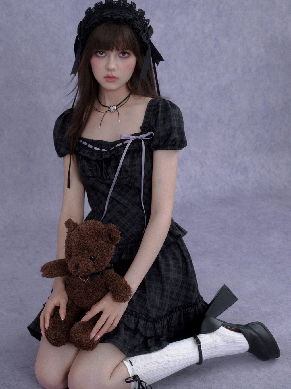 SagiDolls Rose Plaid Square Neck Ribbon Puff Sleeve A Line Women's Casual Mini Dresses