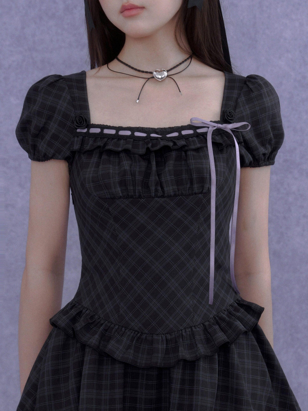 SagiDolls Rose Plaid Square Neck Ribbon Puff Sleeve A Line Women's Casual Mini Dresses
