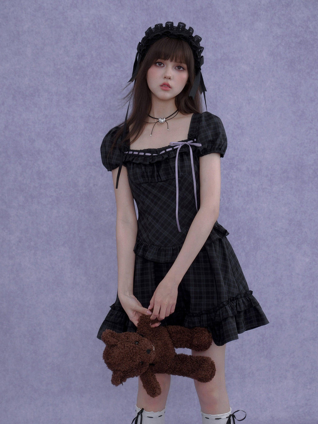 SagiDolls Rose Plaid Square Neck Ribbon Puff Sleeve A Line Women's Casual Mini Dresses