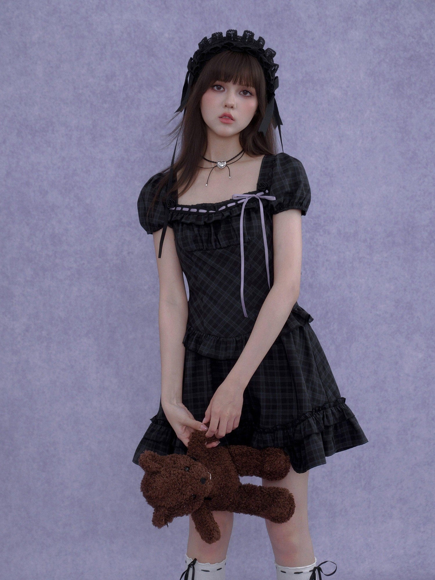 SagiDolls Rose Plaid Square Neck Ribbon Puff Sleeve A Line Women's Casual Mini Dresses