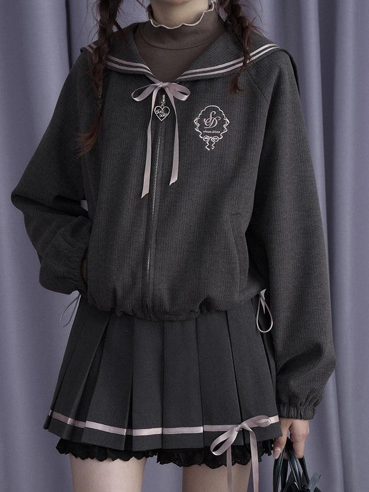 SagiDolls Sailor Collar Bow Detachable Ribbon Women's Thick Polyester Matching Skirt Sets