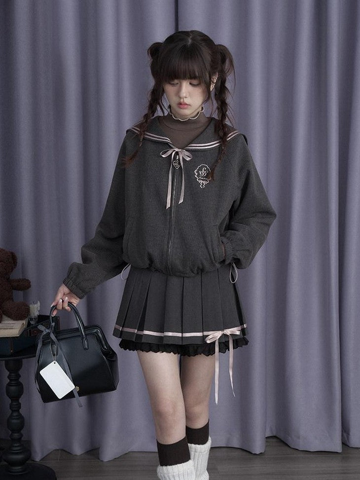 SagiDolls Sailor Collar Bow Detachable Ribbon Women's Thick Polyester Matching Skirt Sets