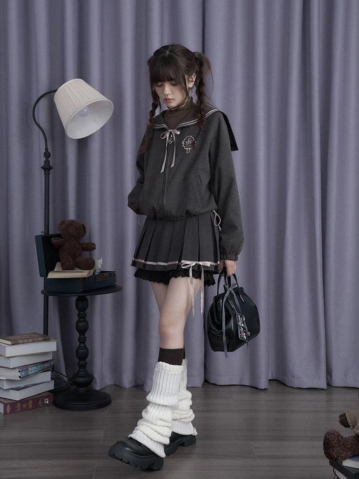 SagiDolls Sailor Collar Bow Detachable Ribbon Women's Thick Polyester Matching Skirt Sets