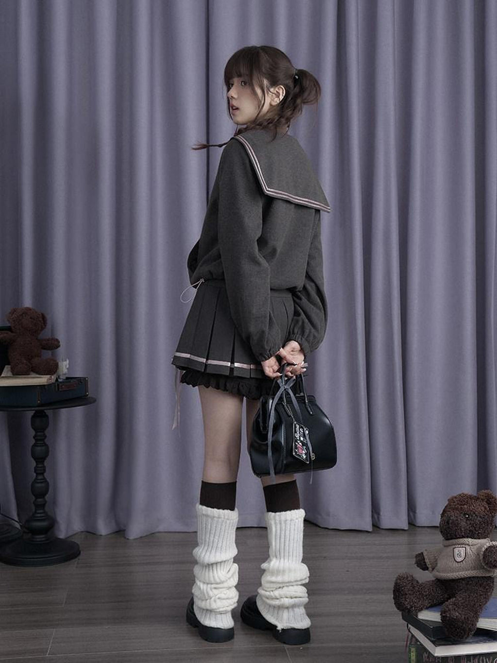 SagiDolls Sailor Collar Bow Detachable Ribbon Women's Thick Polyester Matching Skirt Sets