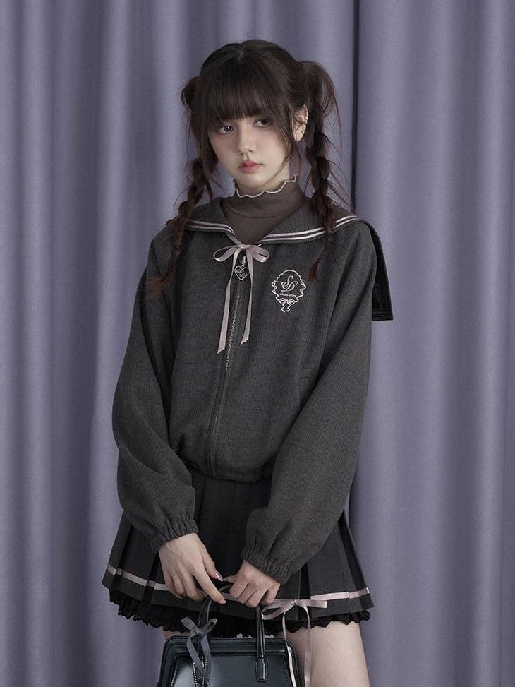 SagiDolls Sailor Collar Bow Detachable Ribbon Women's Thick Polyester Matching Skirt Sets