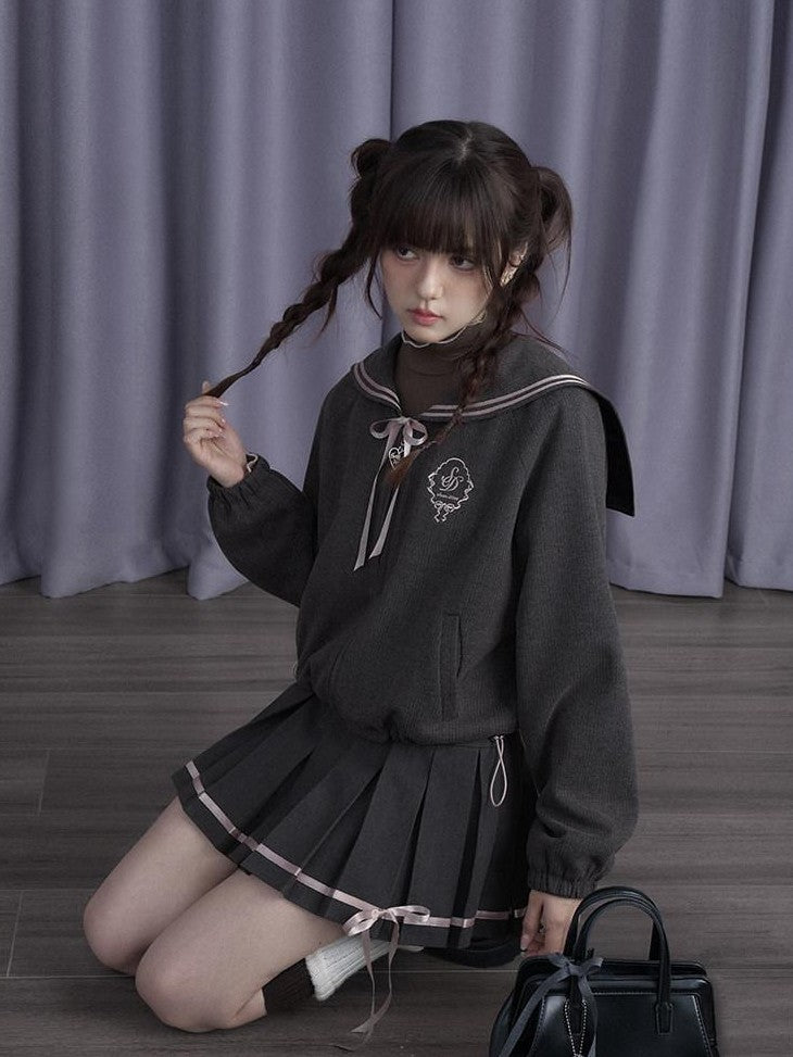 SagiDolls Sailor Collar Bow Detachable Ribbon Women's Thick Polyester Matching Skirt Sets