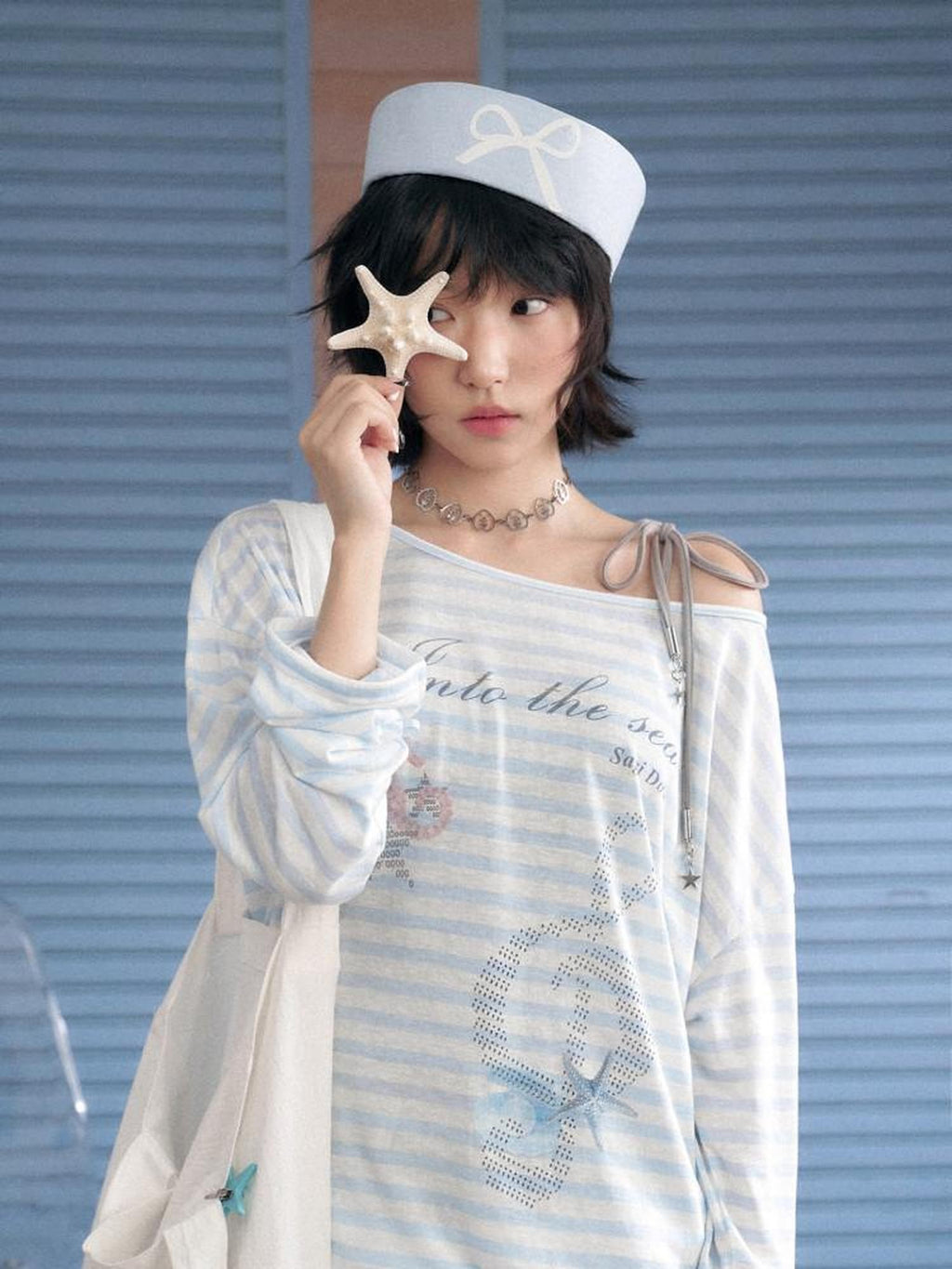 SagiDolls Sheer Blue White Stripe Ocean Print Loose Women's Lyocell Long Sleeve T-shirts