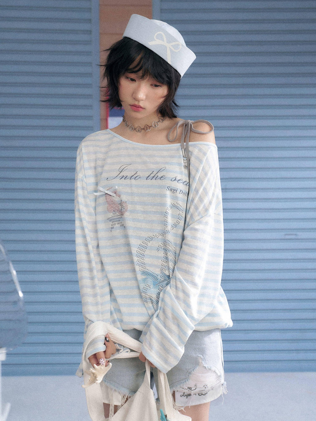 SagiDolls Sheer Blue White Stripe Ocean Print Loose Women's Lyocell Long Sleeve T-shirts
