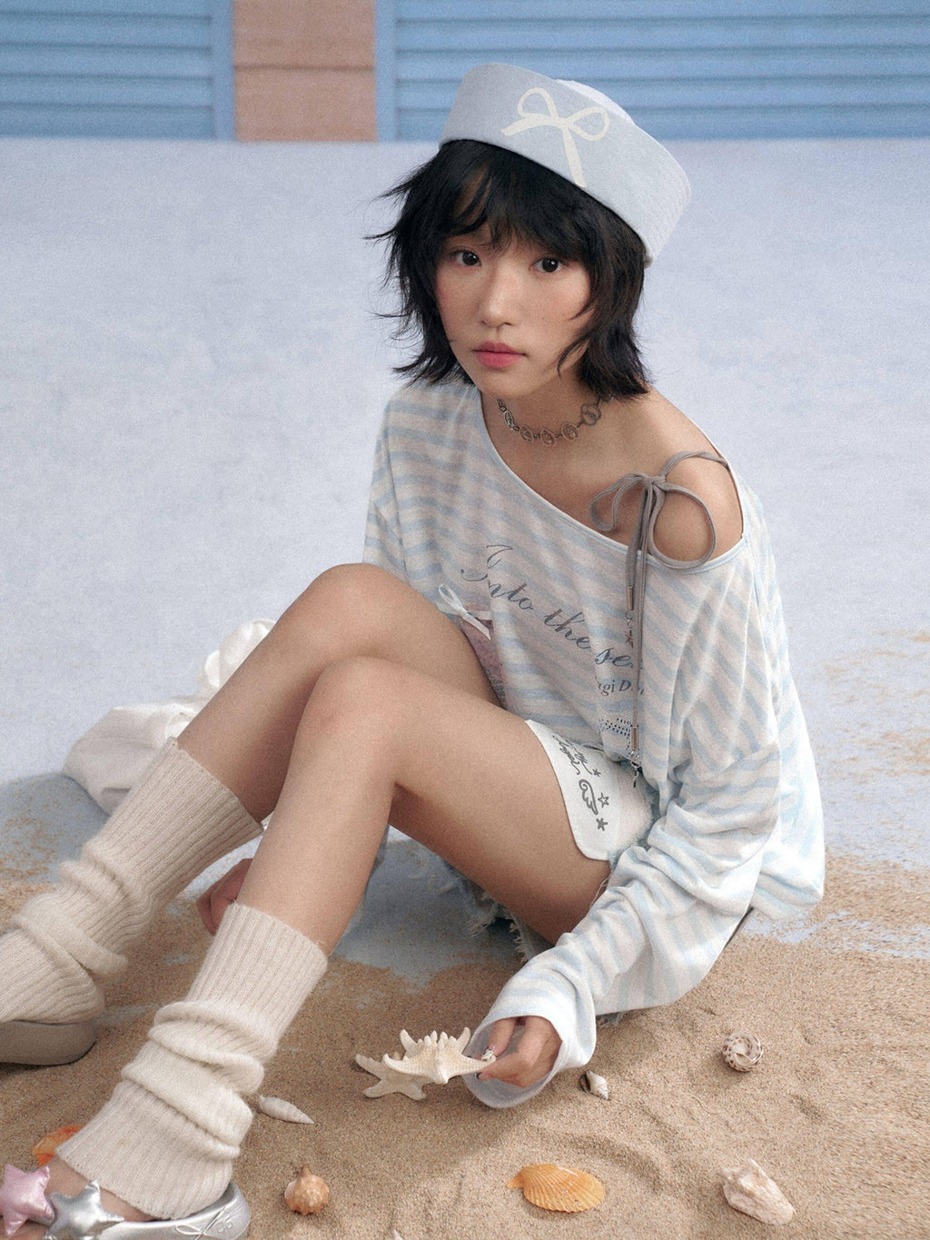 SagiDolls Sheer Blue White Stripe Ocean Print Loose Women's Lyocell Long Sleeve T-shirts