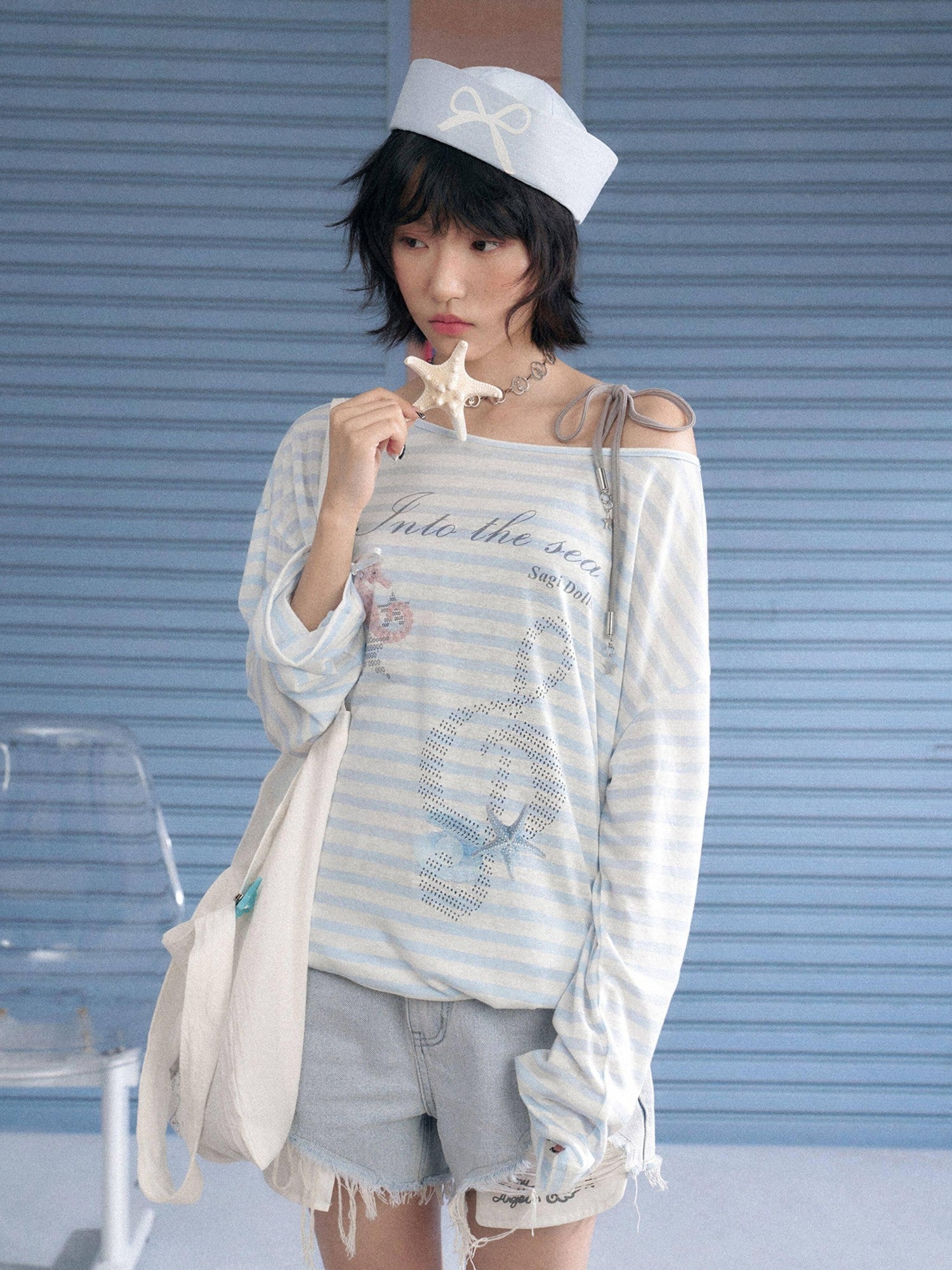SagiDolls Sheer Blue White Stripe Ocean Print Loose Women's Lyocell Long Sleeve T-shirts