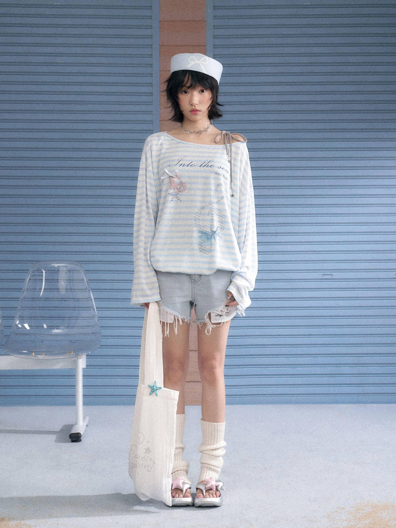 SagiDolls Sheer Blue White Stripe Ocean Print Loose Women's Lyocell Long Sleeve T-shirts