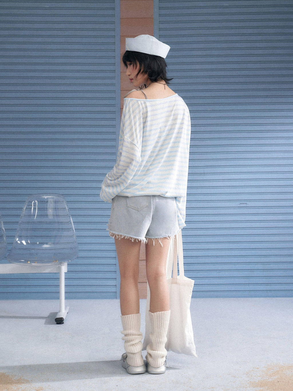 SagiDolls Sheer Blue White Stripe Ocean Print Loose Women's Lyocell Long Sleeve T-shirts
