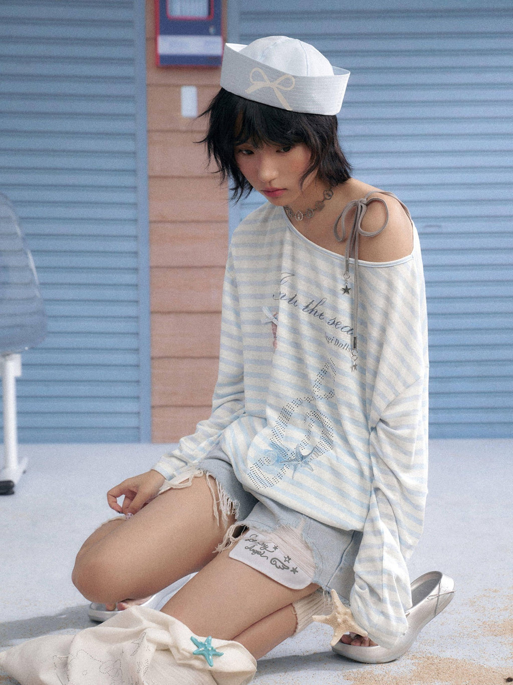 SagiDolls Sheer Blue White Stripe Ocean Print Loose Women's Lyocell Long Sleeve T-shirts