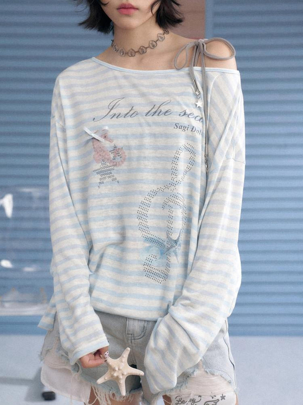 SagiDolls Sheer Blue White Stripe Ocean Print Loose Women's Lyocell Long Sleeve T-shirts