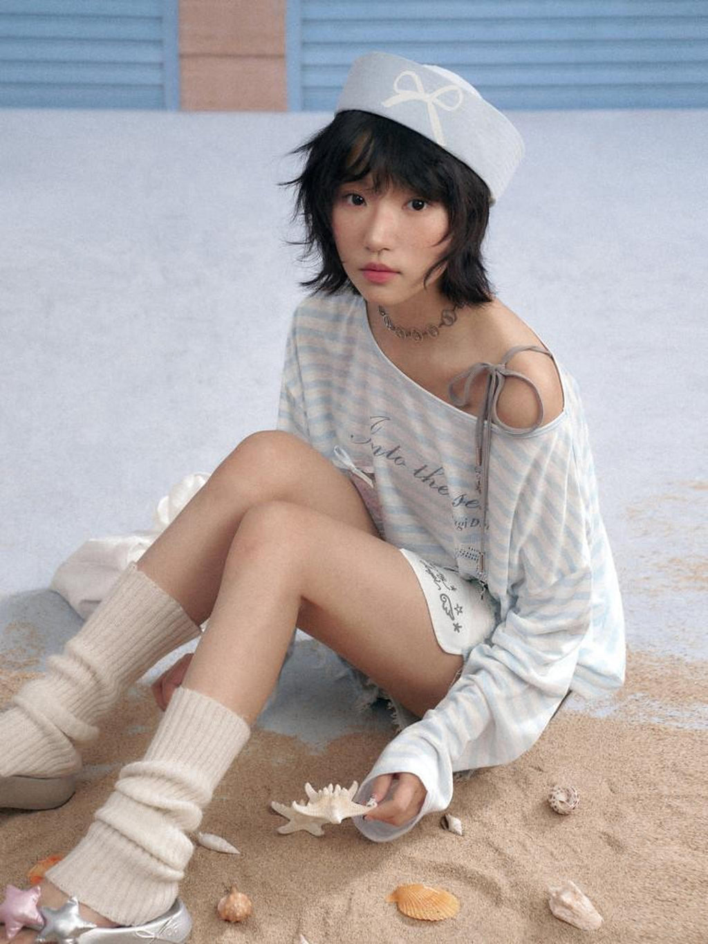 SagiDolls Sheer Blue White Stripe Ocean Print Loose Women's Lyocell Long Sleeve T-shirts