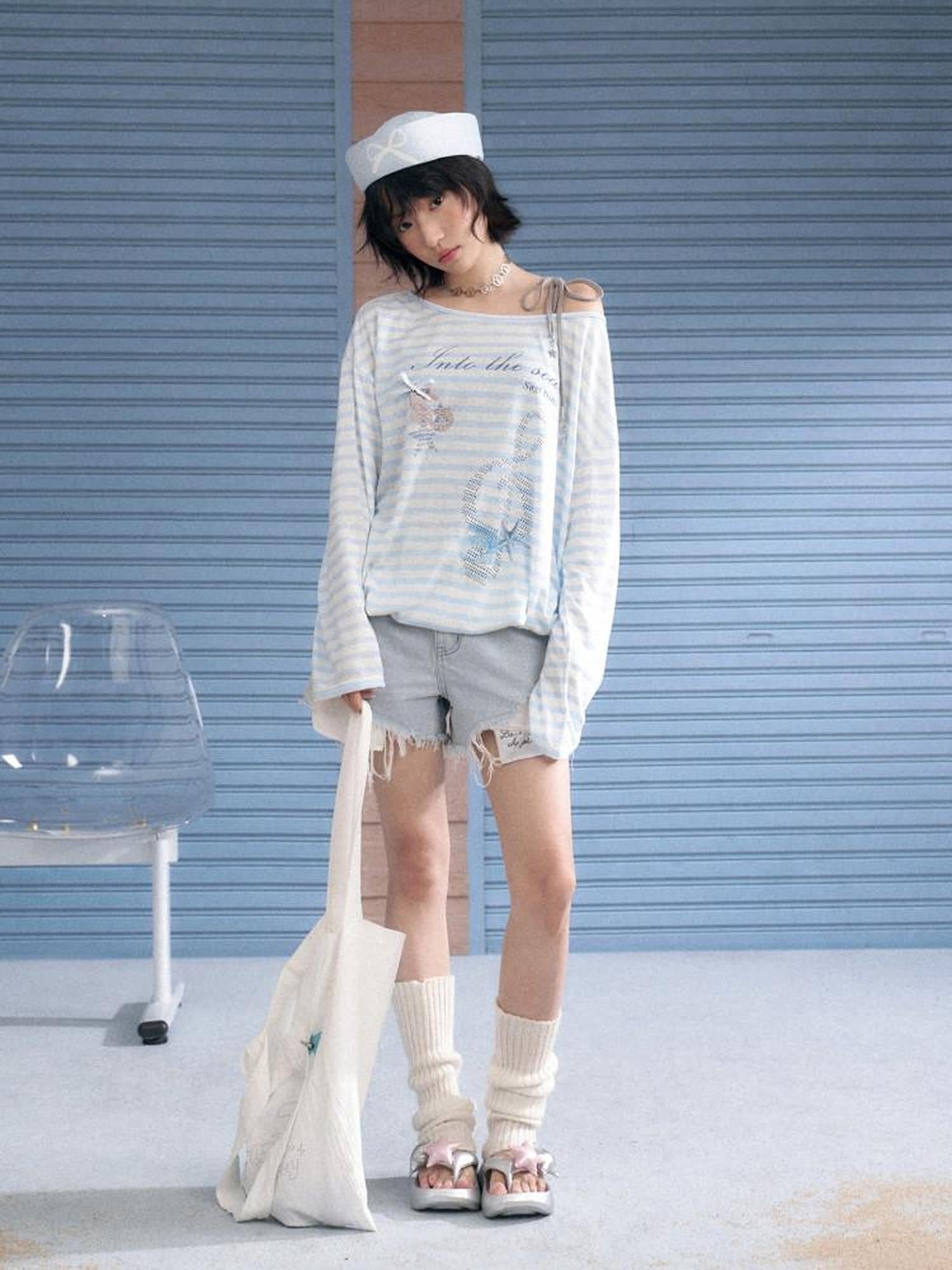 SagiDolls Sheer Blue White Stripe Ocean Print Loose Women's Lyocell Long Sleeve T-shirts