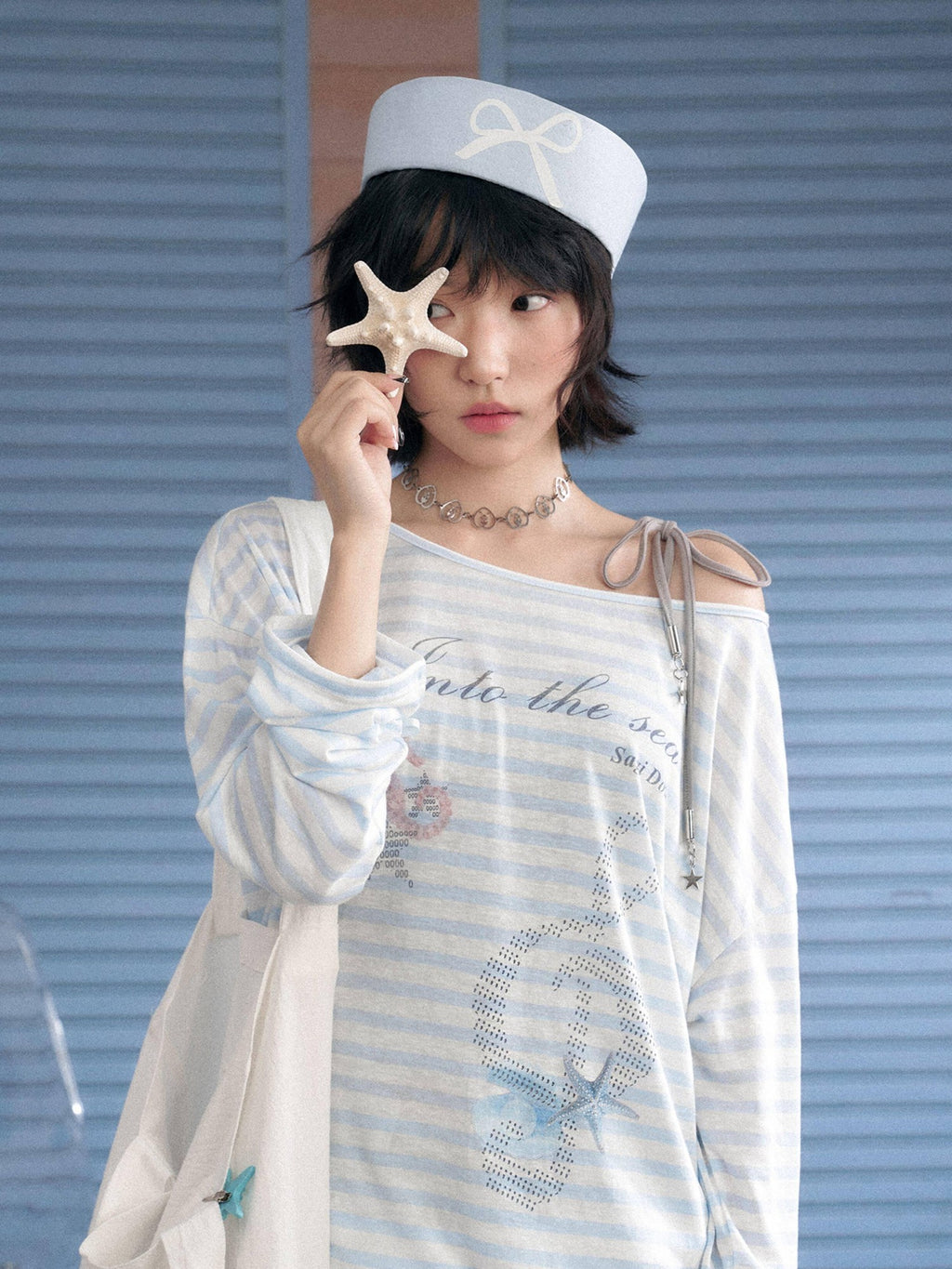 SagiDolls Sheer Blue White Stripe Ocean Print Loose Women's Lyocell Long Sleeve T-shirts