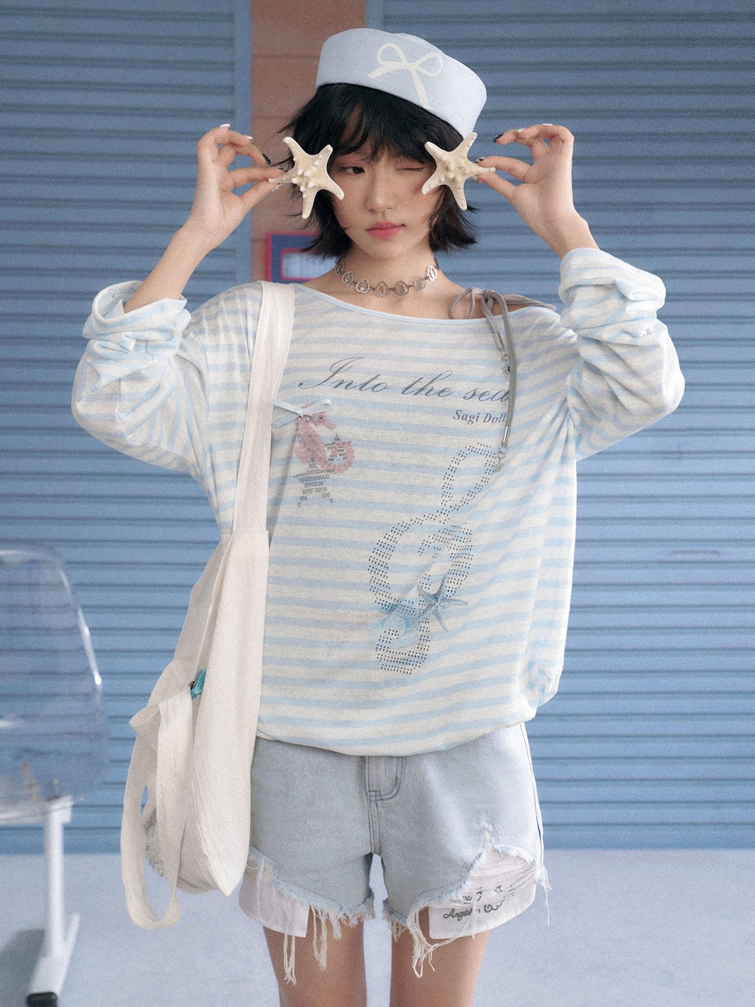 SagiDolls Sheer Blue White Stripe Ocean Print Loose Women's Lyocell Long Sleeve T-shirts
