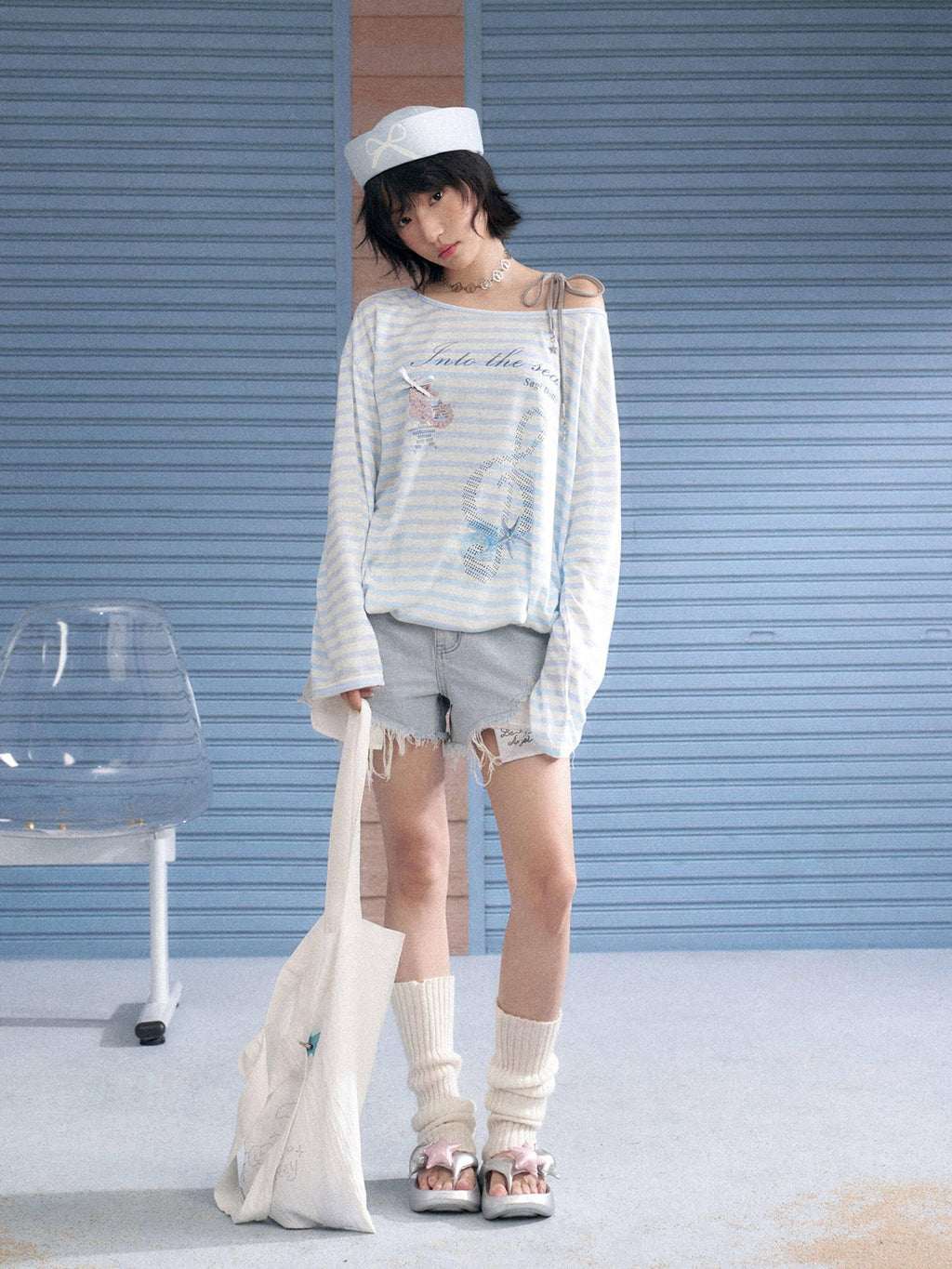 SagiDolls Sheer Blue White Stripe Ocean Print Loose Women's Lyocell Long Sleeve T-shirts