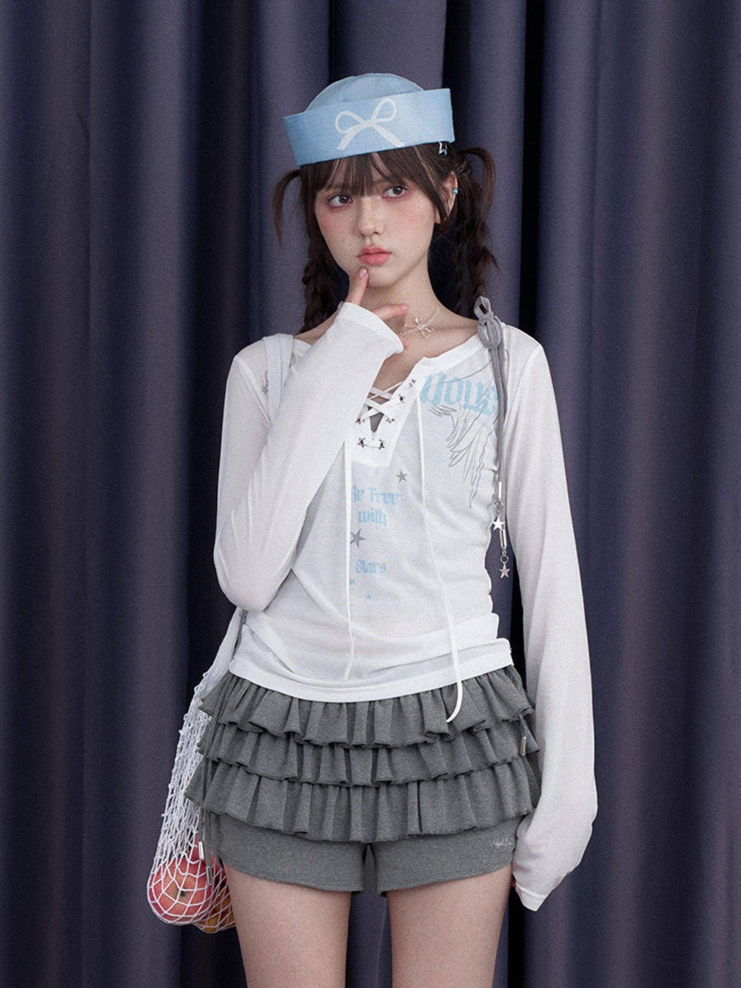 SagiDolls Sheer White Angel Wing Print V-neck Women's Polyester Blend Long Sleeve T-shirts