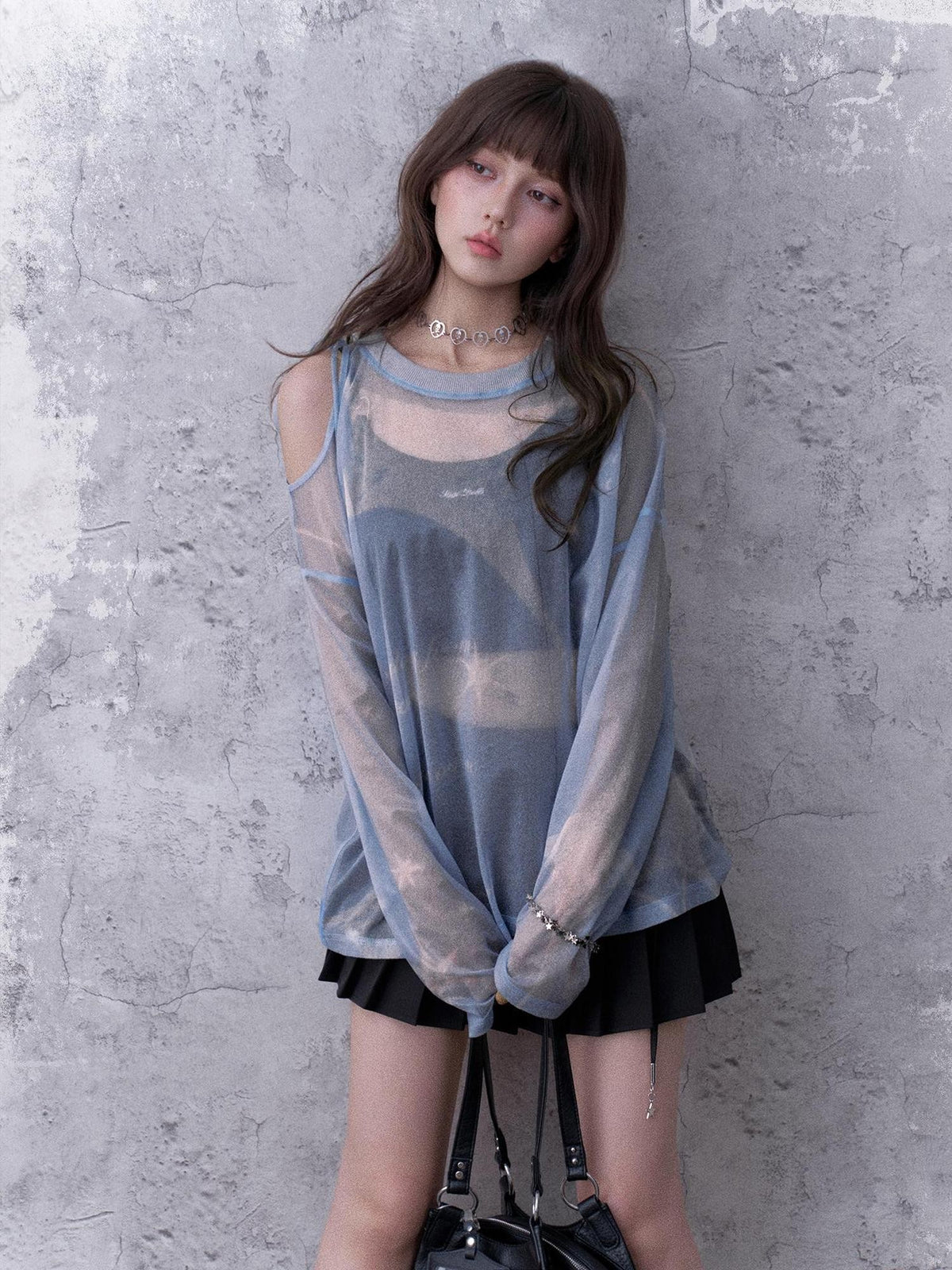 SagiDolls Shimmering Sheer Mesh Loose Fit Women's Polyester Long Sleeve T-shirts