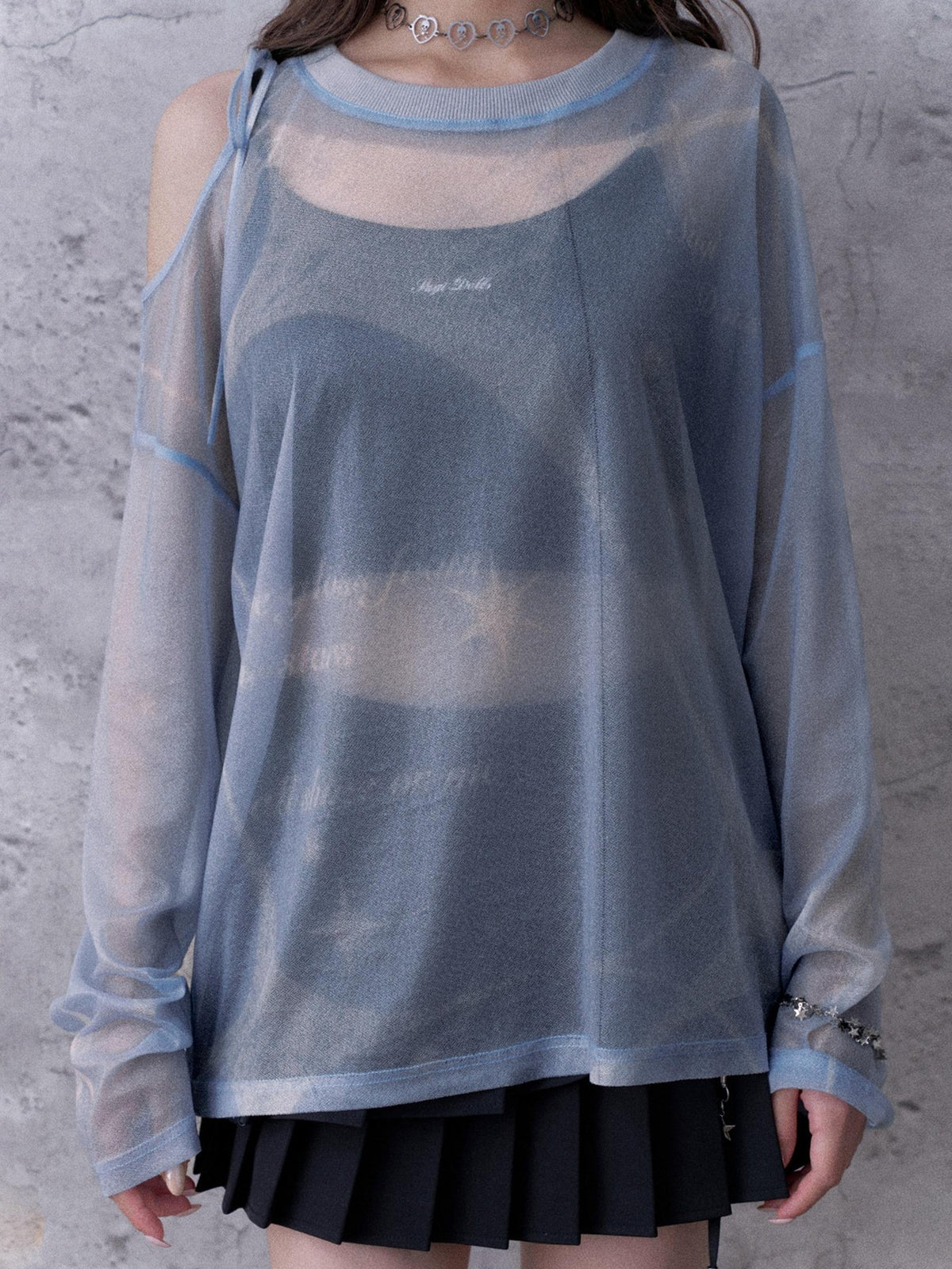 SagiDolls Shimmering Sheer Mesh Loose Fit Women's Polyester Long Sleeve T-shirts