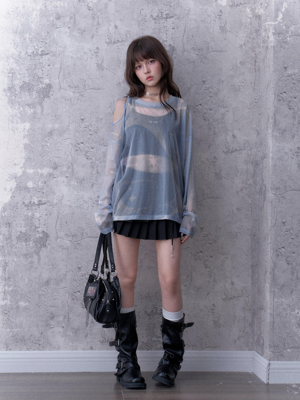 SagiDolls Shimmering Sheer Mesh Loose Fit Women's Polyester Long Sleeve T-shirts
