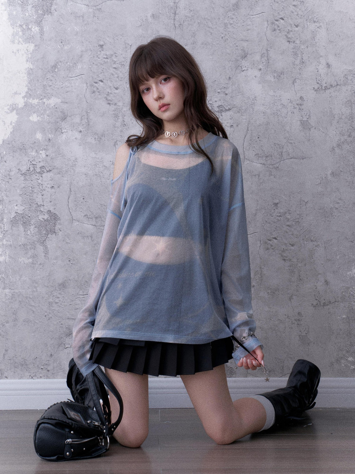 SagiDolls Shimmering Sheer Mesh Loose Fit Women's Polyester Long Sleeve T-shirts