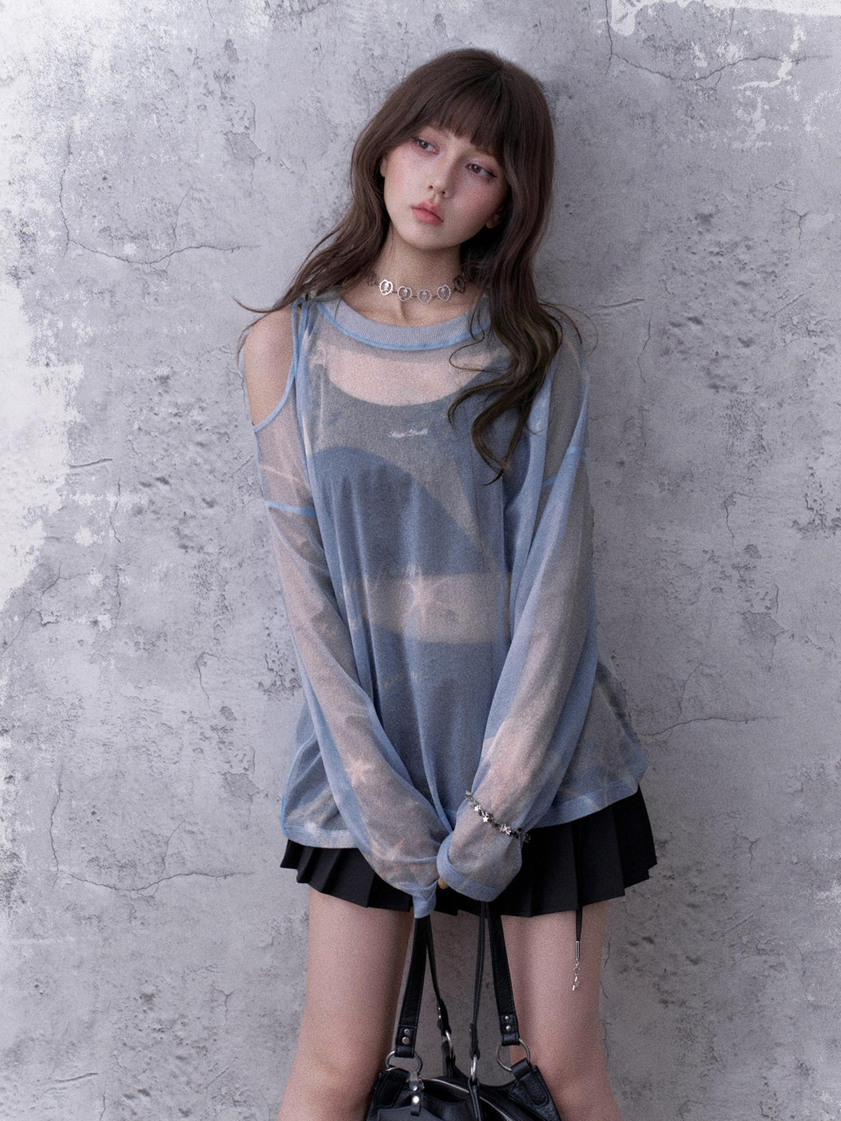 SagiDolls Shimmering Sheer Mesh Loose Fit Women's Polyester Long Sleeve T-shirts