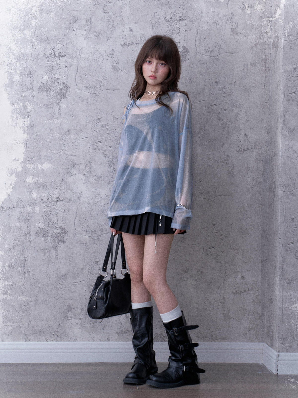 SagiDolls Shimmering Sheer Mesh Loose Fit Women's Polyester Long Sleeve T-shirts