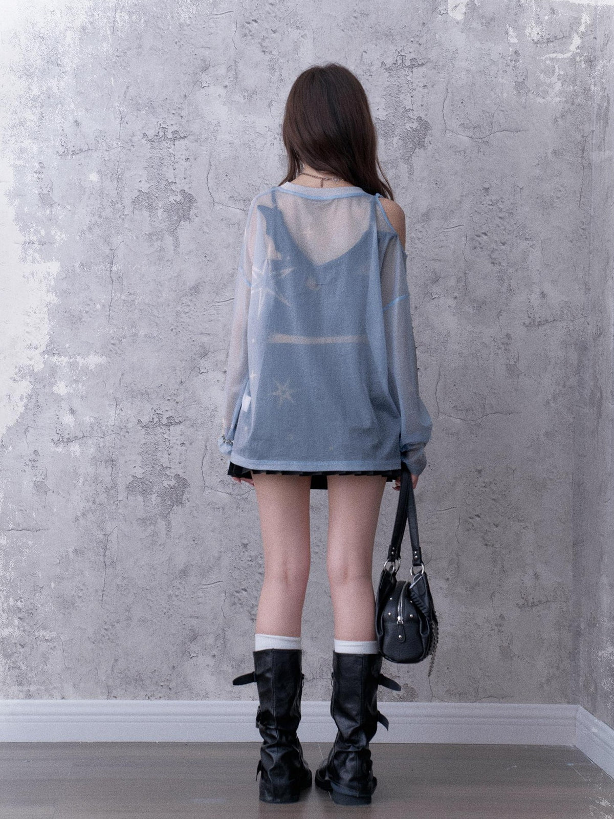 SagiDolls Shimmering Sheer Mesh Loose Fit Women's Polyester Long Sleeve T-shirts