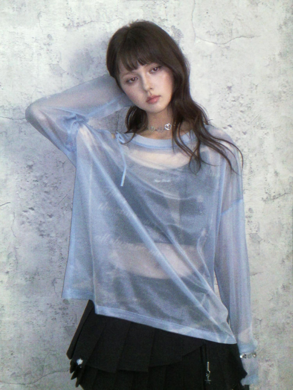 SagiDolls Shimmering Sheer Mesh Loose Fit Women's Polyester Long Sleeve T-shirts