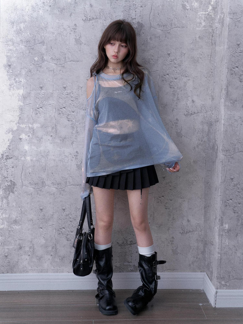 SagiDolls Shimmering Sheer Mesh Loose Fit Women's Polyester Long Sleeve T-shirts